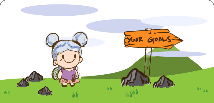 A woman standing in a field, next to a wooden sign that says 'Your Goals' pointing to the right.