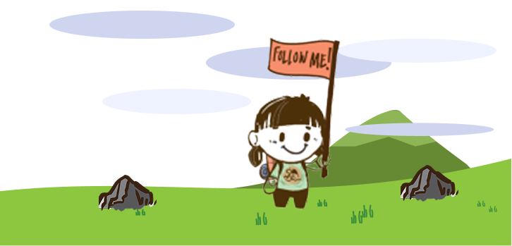 A girl standing in a field holding a flag with the words 'Follow me!'