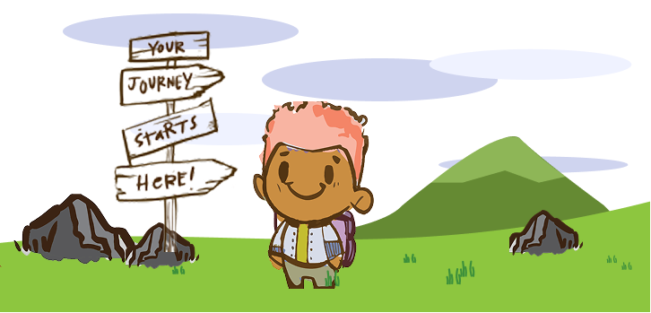 A young man at the start of a hill with signs for 'Your Journey Starts Here'